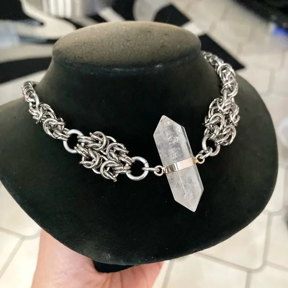 Genuine Double point clear crystal quartz maille silver boho choker necklace . - Picture 3 of 11